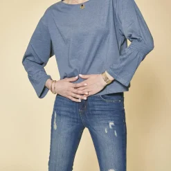 Tee-shirt poignets en nid d'abeille 3 Suisses femme - Bleu