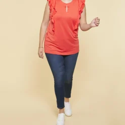 Tee-shirt uni manches courtes double volant femme - Corail rouge