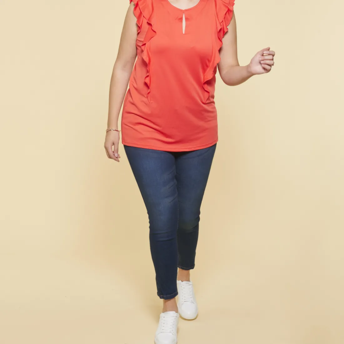Tee-shirt uni manches courtes double volant femme - Corail rouge