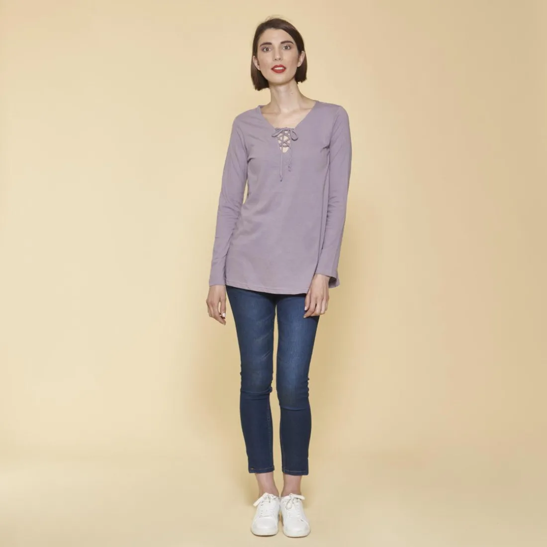 Tee-shirt évasé col V avec cordon manches longues femme - Parme violet en coton