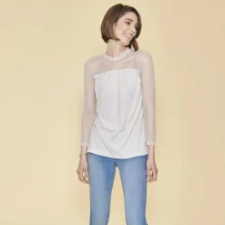 Tee-shirt évasé plumetis manches longues femme - Gris Clair en coton