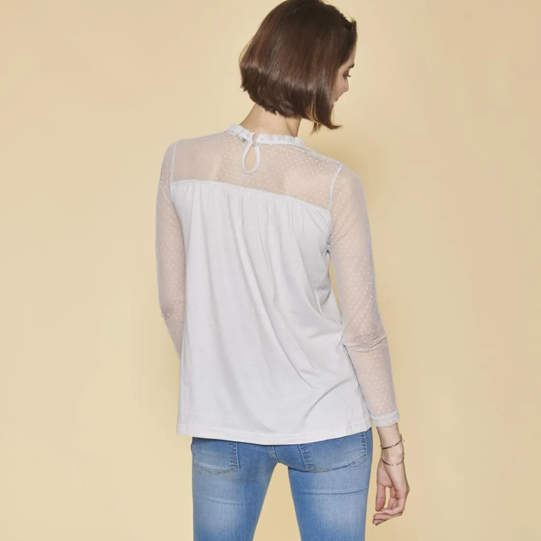Tee-shirt évasé plumetis manches longues femme - Gris Clair en coton