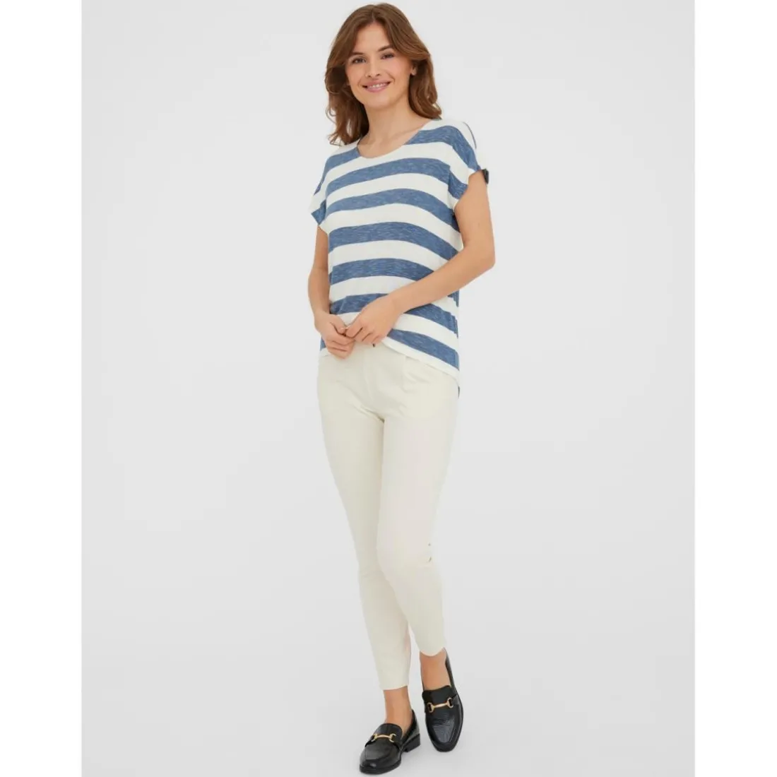 Top Boxy Fit Rayures Col rond Manches courtes Ourlet bas bleu en viscose