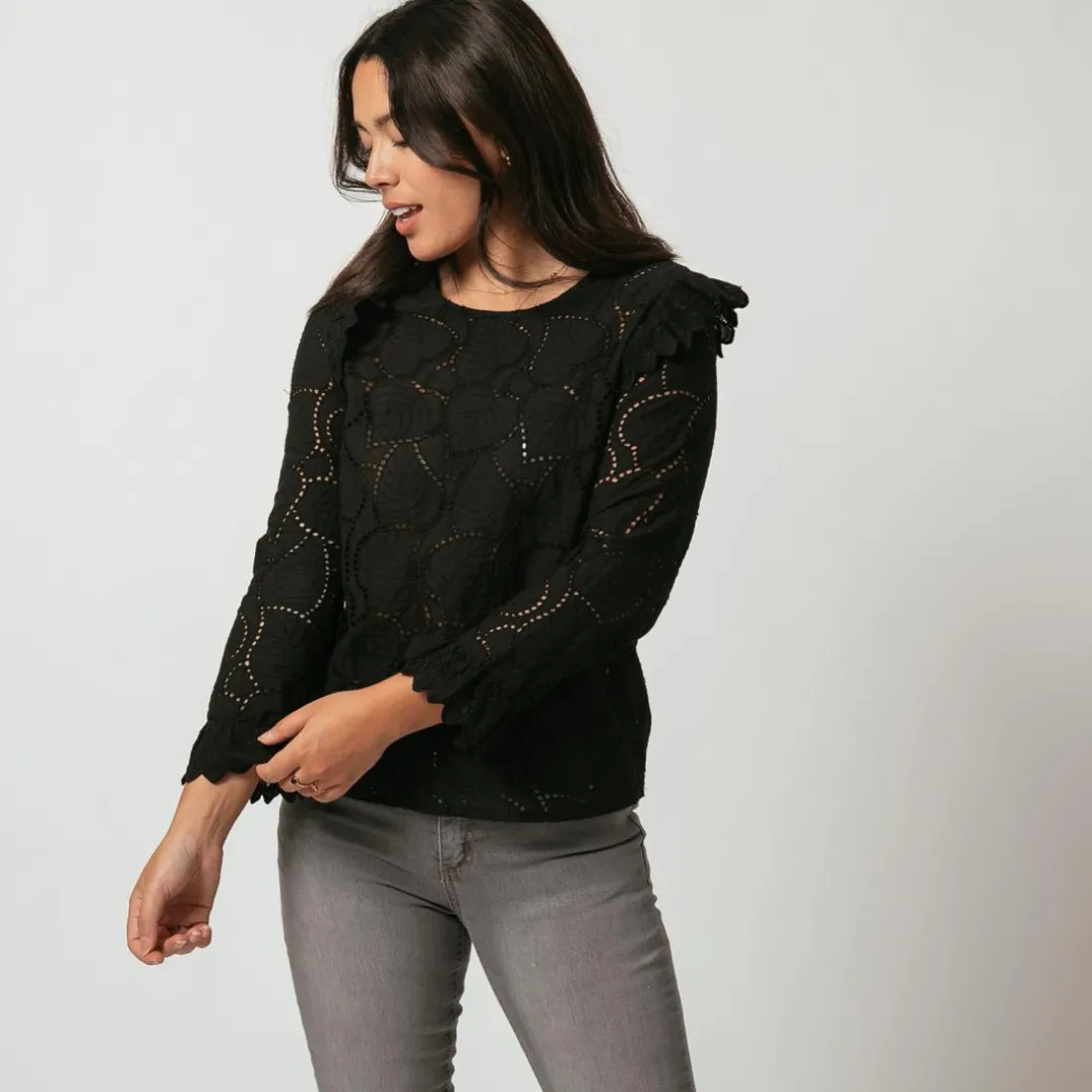 Top broderie anglaise Brune en coton