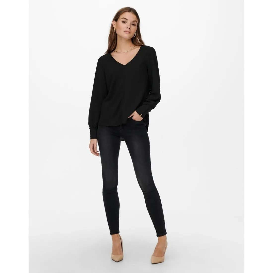 Top Col en V Manches longues noir Elle