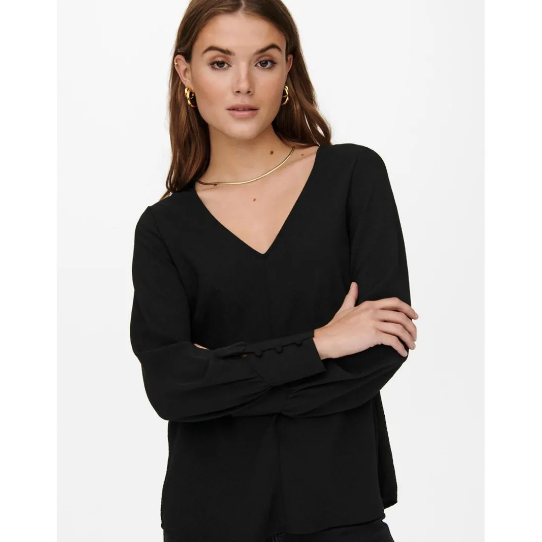 Top Col en V Manches longues noir Elle