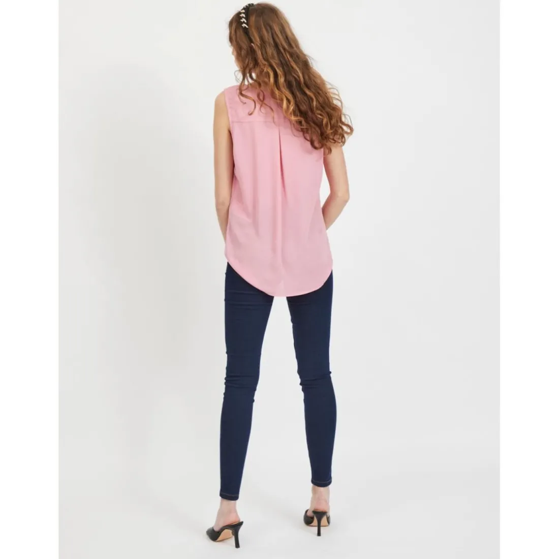 Top col en v sans manches rose