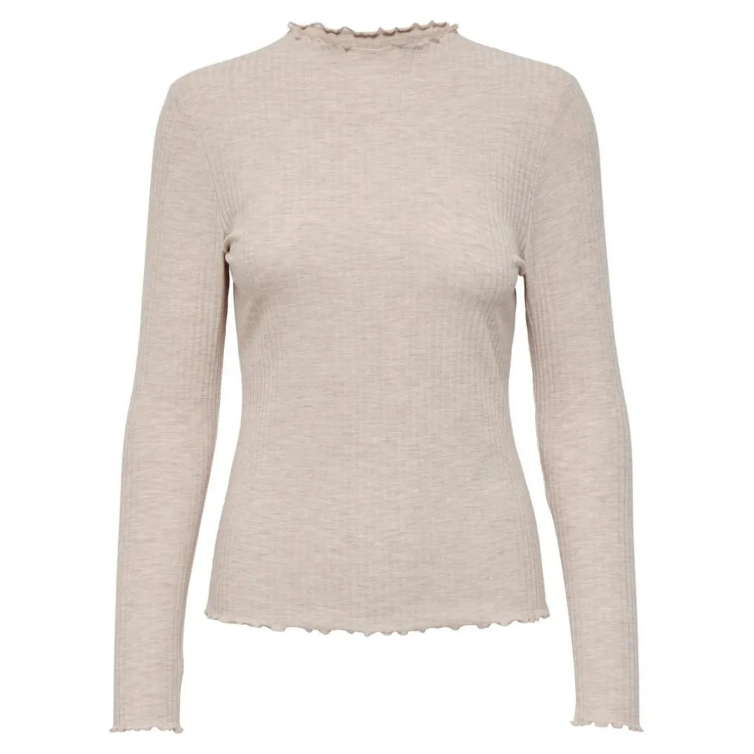 Top Col haut Manches longues Volants beige