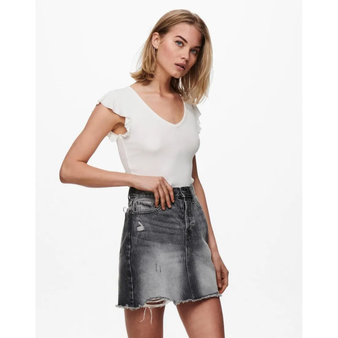 Top Col rond Mancherons blanc en viscose