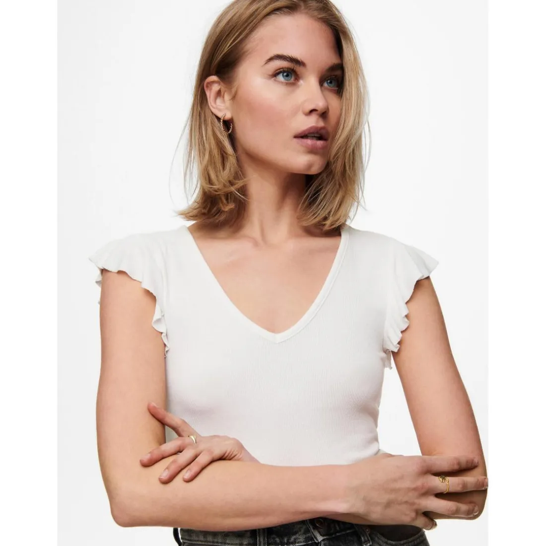 Top Col rond Mancherons blanc en viscose