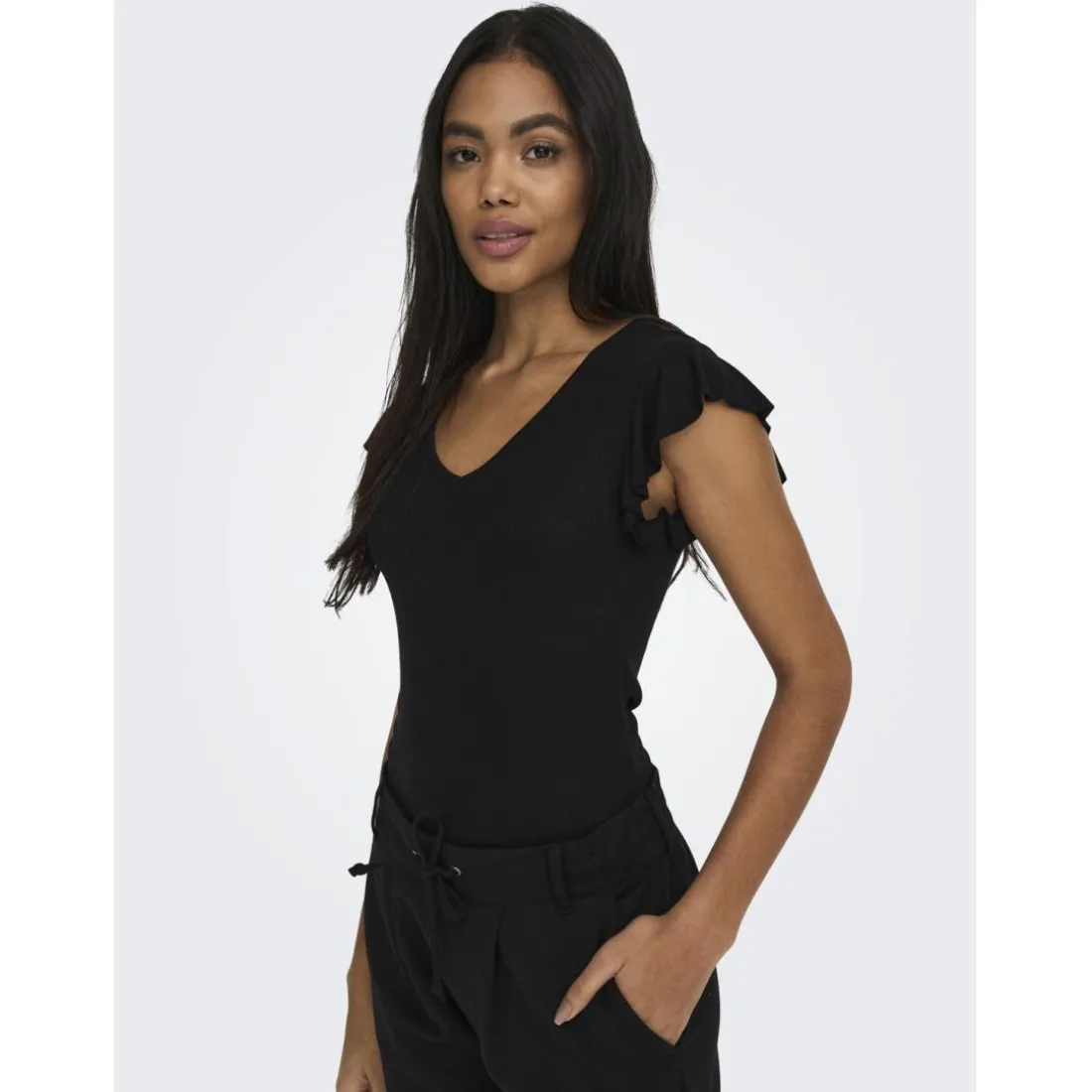 Top col rond mancherons noir en viscose Opal