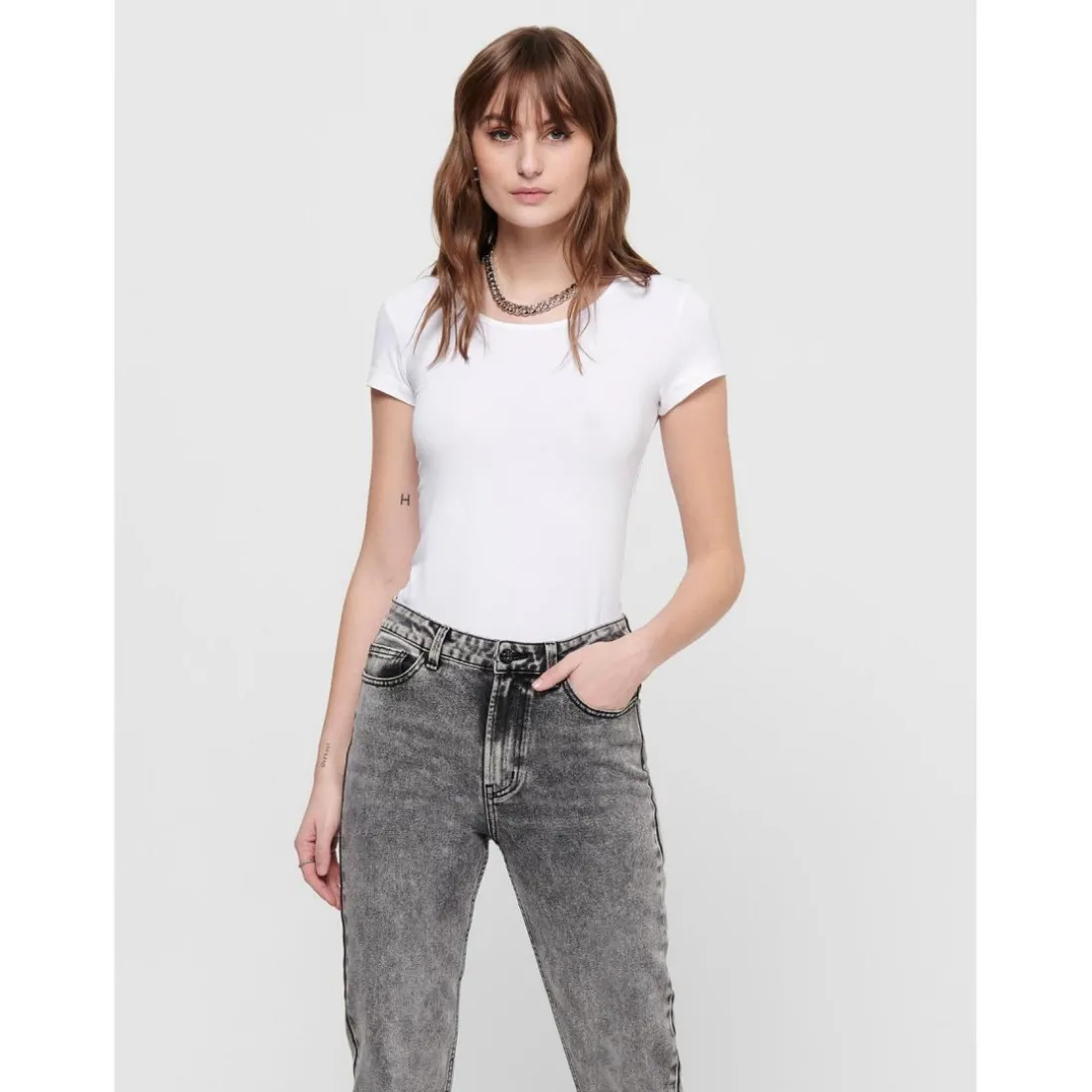 Top Col rond Manches courtes blanc en coton