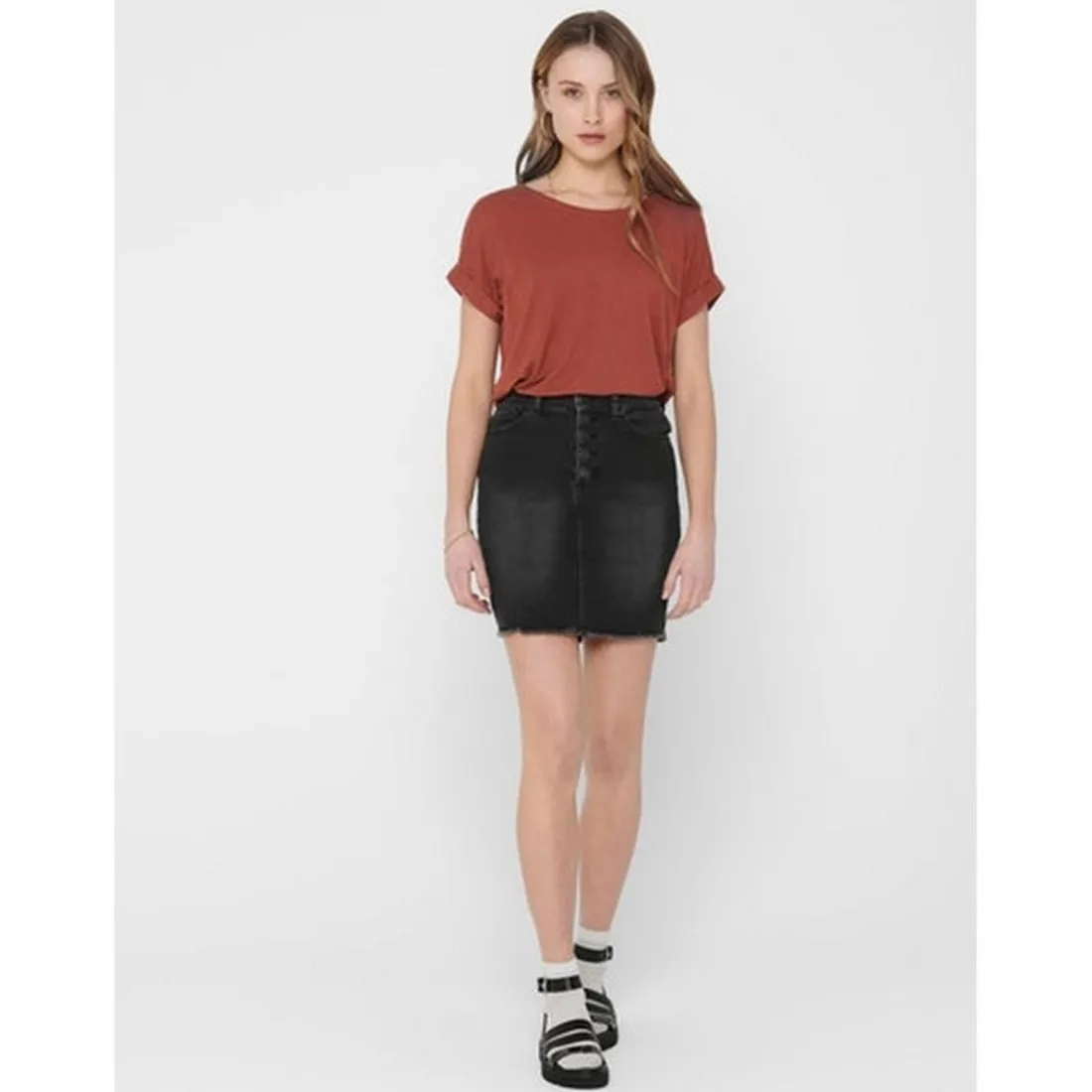 Top Col rond Manches courtes Poignets repliés rouge en viscose