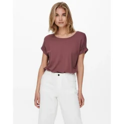 Top Col rond Manches courtes Poignets repliés rose en viscose