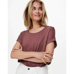 Top Col rond Manches courtes Poignets repliés rose en viscose