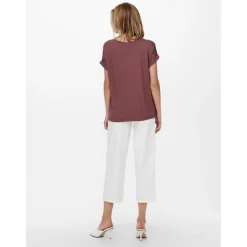 Top Col rond Manches courtes Poignets repliés rose en viscose