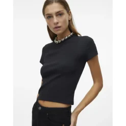 Top col rond manches courtes noir en coton bio Yule