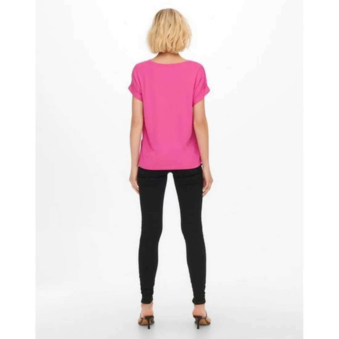 Top Col rond Manches courtes Poignets repliés rose
