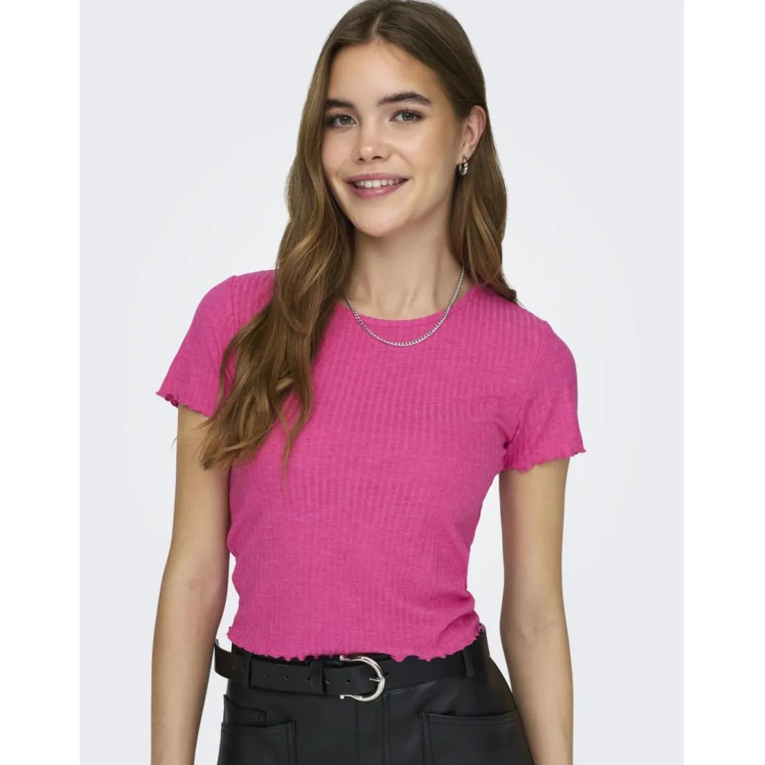 Top col rond manches courtes fuchsia Isa