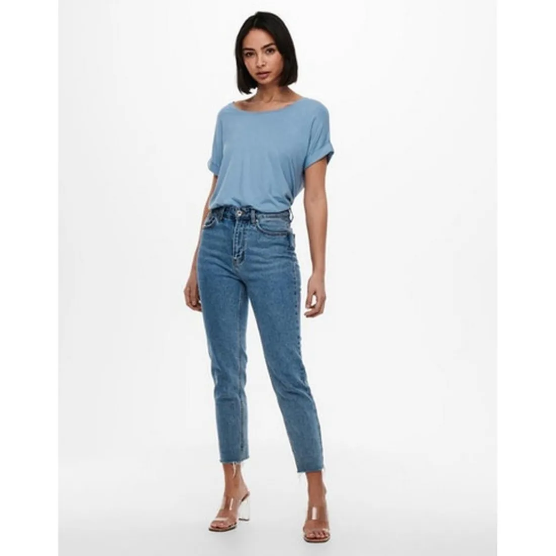 Top Col rond Manches courtes Poignets repliés bleu en viscose Clio