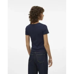 Top col rond manches courtes bleu en coton bio Olia