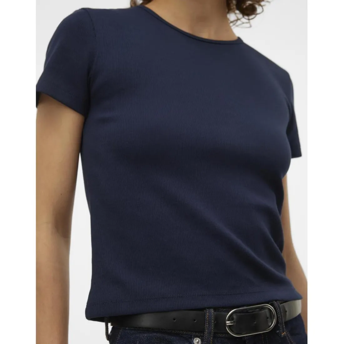 Top col rond manches courtes bleu en coton bio Olia