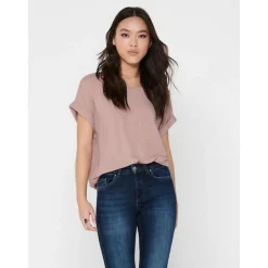 Top Col rond Manches courtes Poignets repliés rose en coton Gia