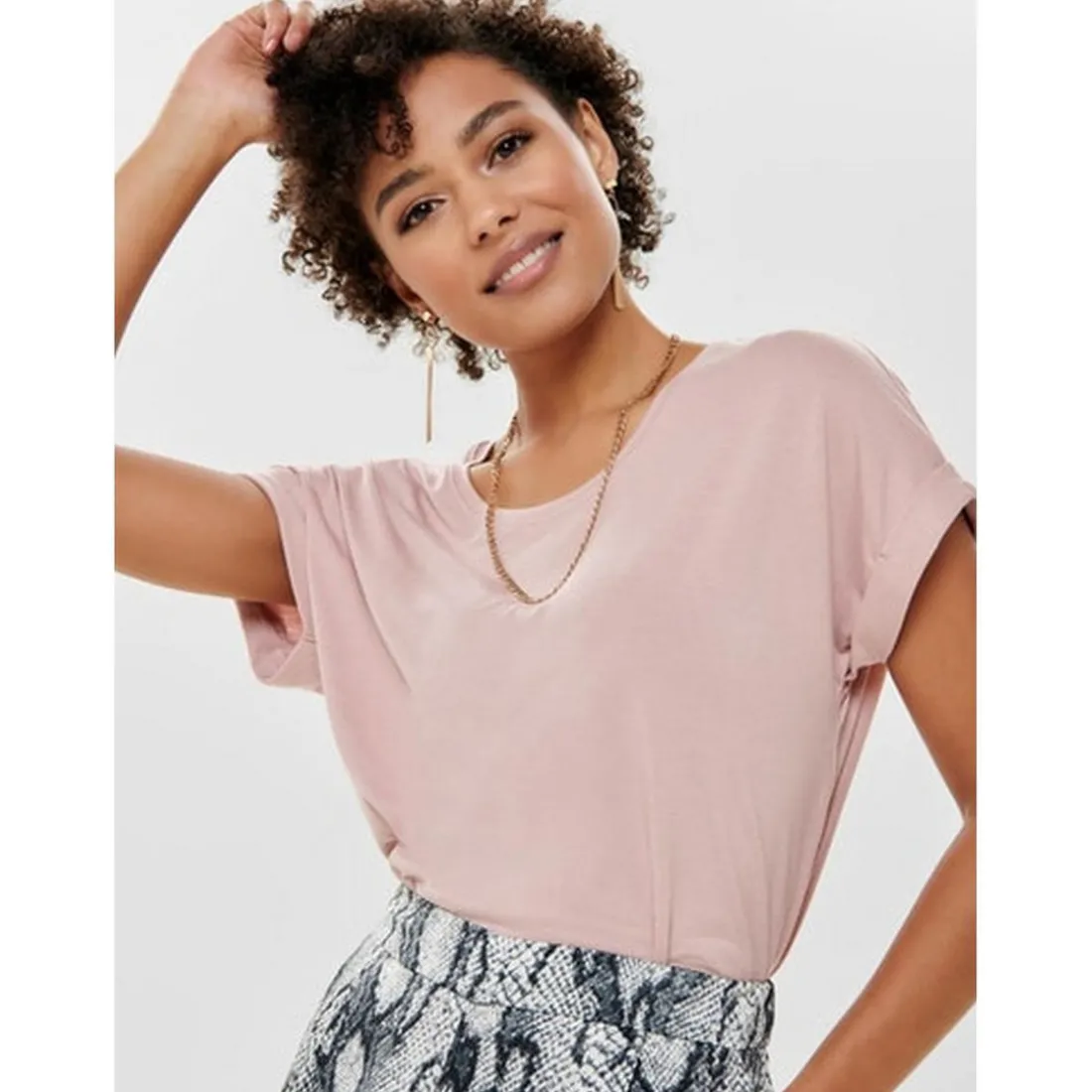 Top Col rond Manches courtes Poignets repliés rose en coton Gia