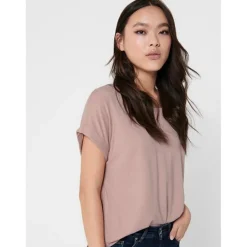 Top Col rond Manches courtes Poignets repliés rose en coton Gia