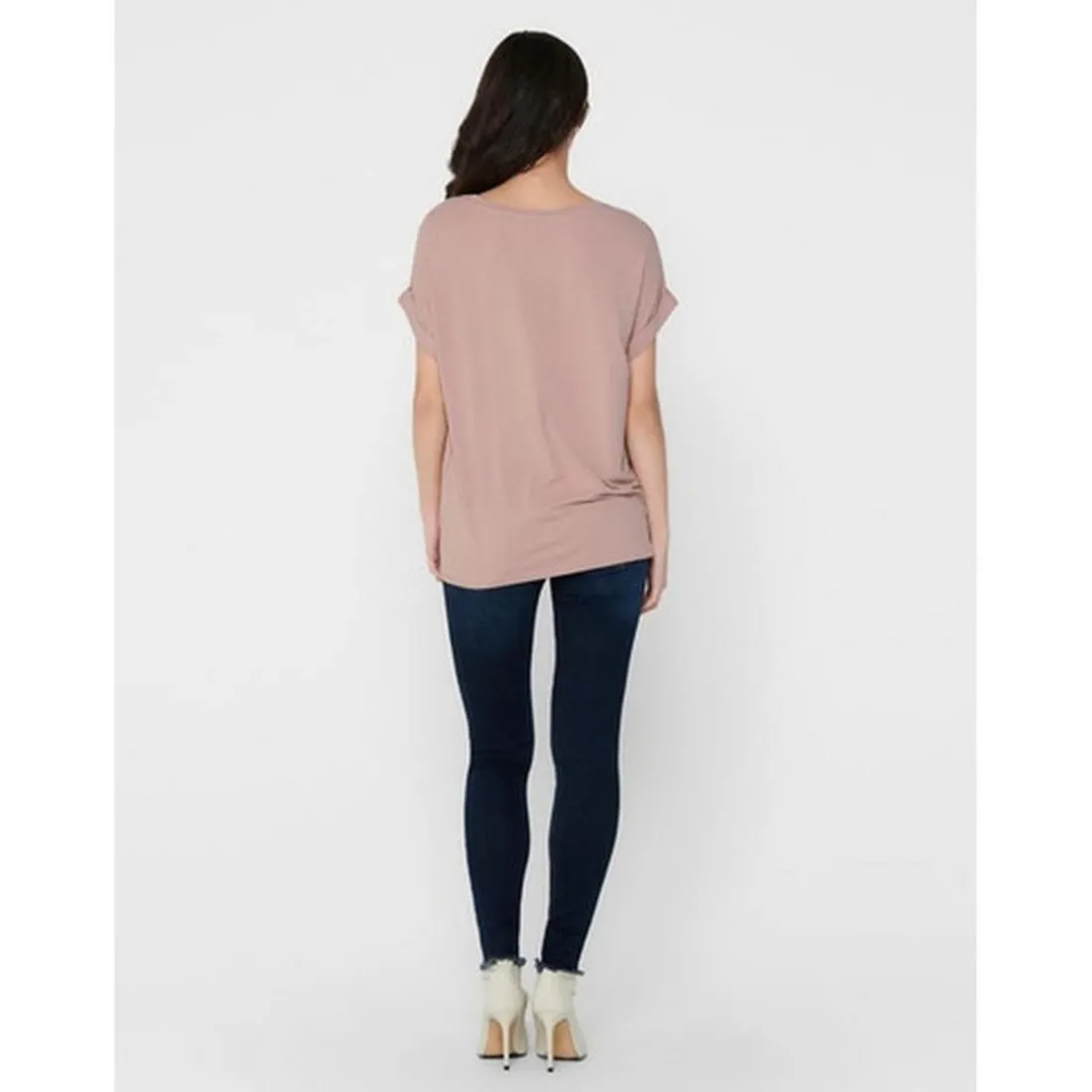 Top Col rond Manches courtes Poignets repliés rose en coton Gia