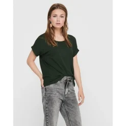 Top Col rond Manches courtes Poignets repliés vert en viscose