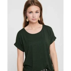 Top Col rond Manches courtes Poignets repliés vert en viscose