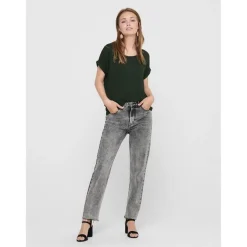 Top Col rond Manches courtes Poignets repliés vert en viscose