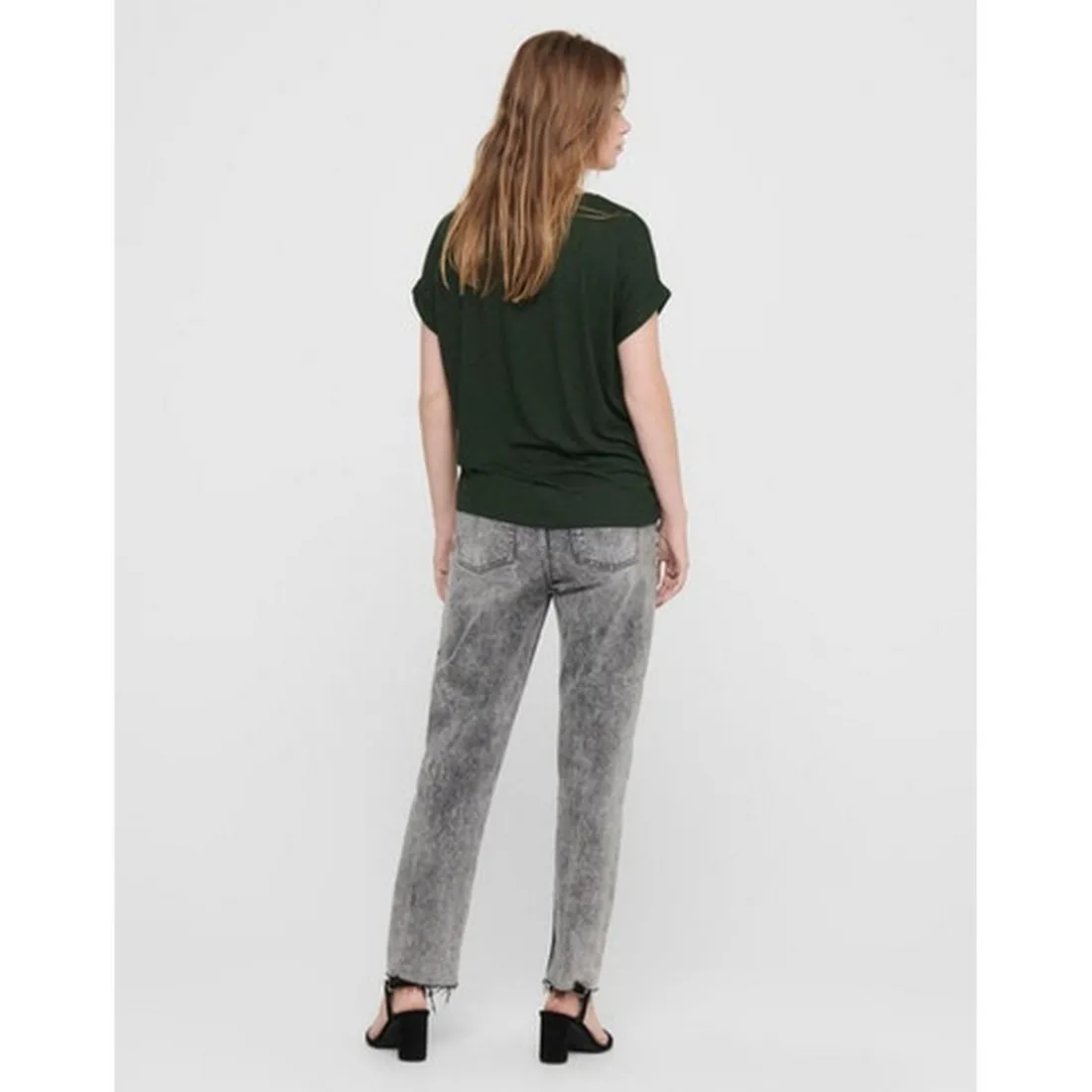 Top Col rond Manches courtes Poignets repliés vert en viscose