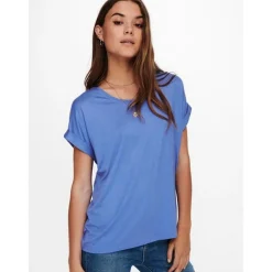 Top Col rond Manches courtes Poignets repliés bleu en coton Gigi