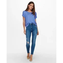 Top Col rond Manches courtes Poignets repliés bleu en coton Gigi