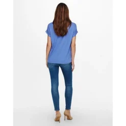 Top Col rond Manches courtes Poignets repliés bleu en coton Gigi