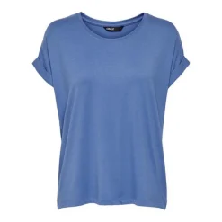 Top Col rond Manches courtes Poignets repliés bleu en coton Gigi