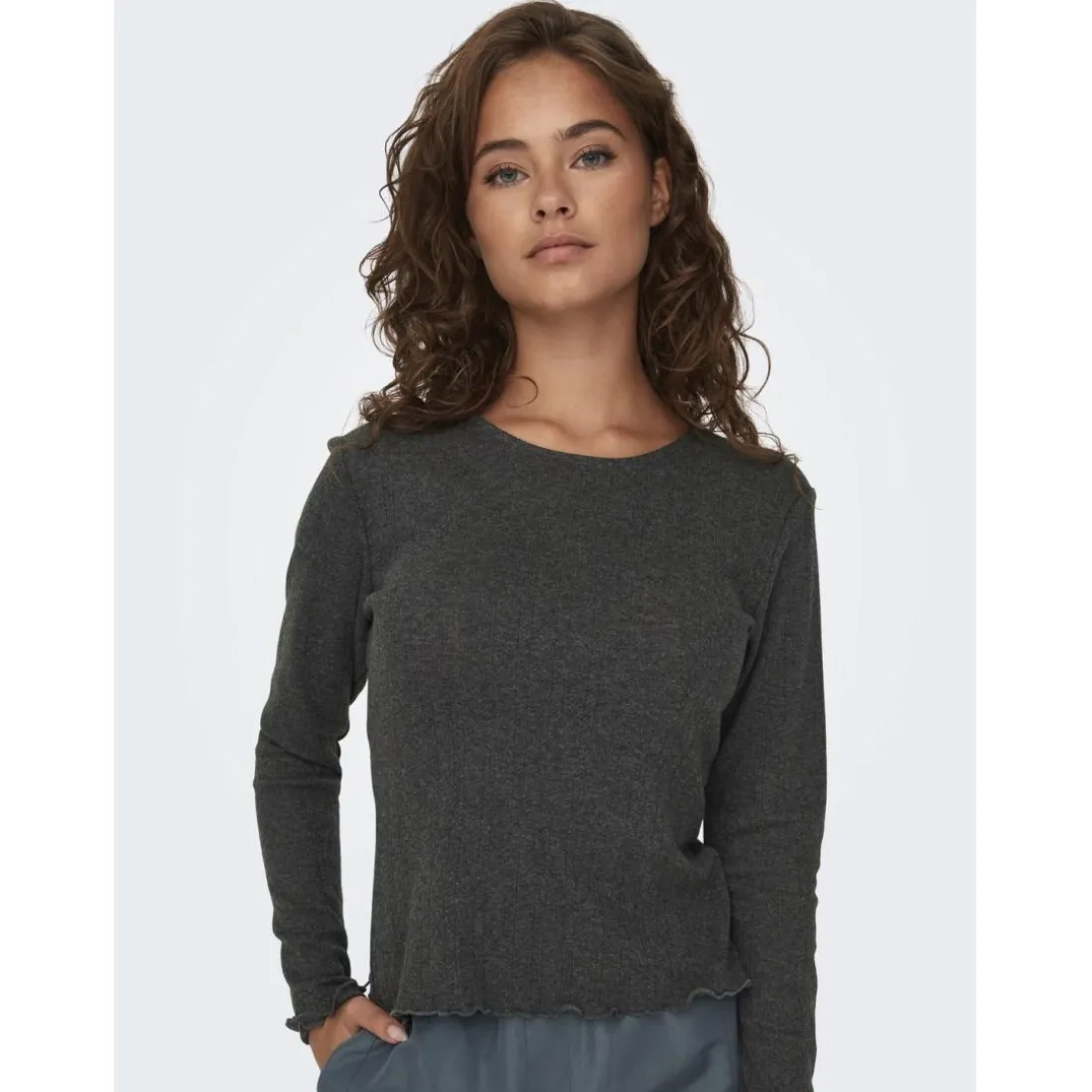 Top col rond manches longues gris foncé en coton Cara