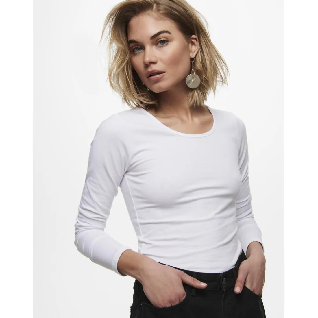 Top col rond manches longues blanc en coton Opal