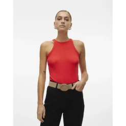 Top col rond sans manches rouge en coton bio Emma