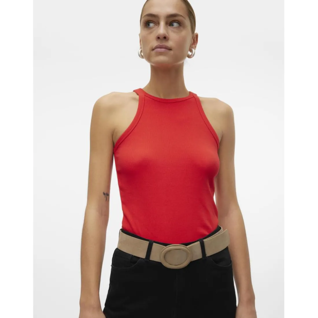 Top col rond sans manches rouge en coton bio Emma