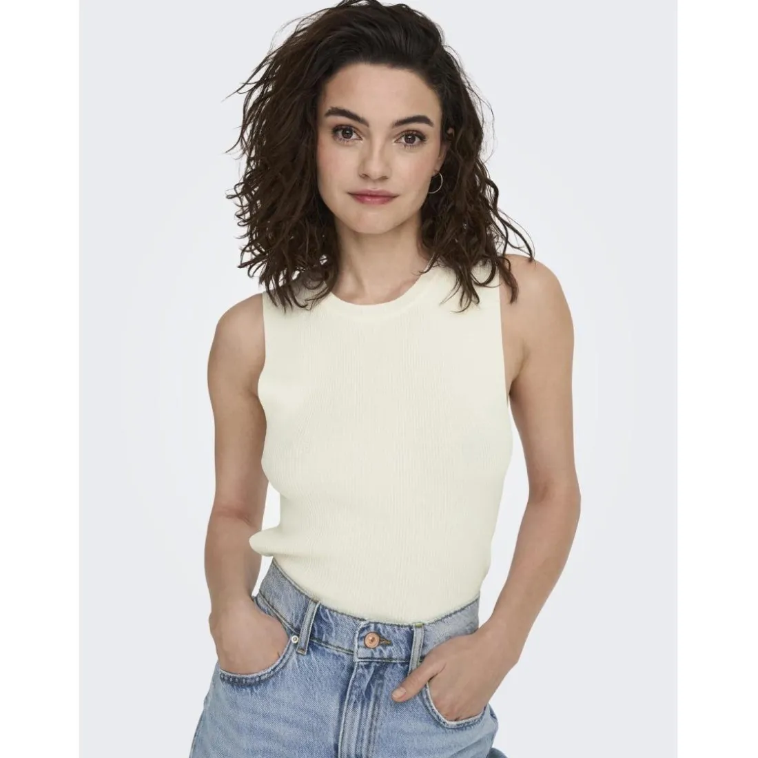 Top col rond sans manches blanc en viscose Ruby