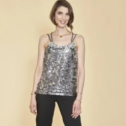 Top doubles bretelles croisées dos et sequins devant femme - gris foncé