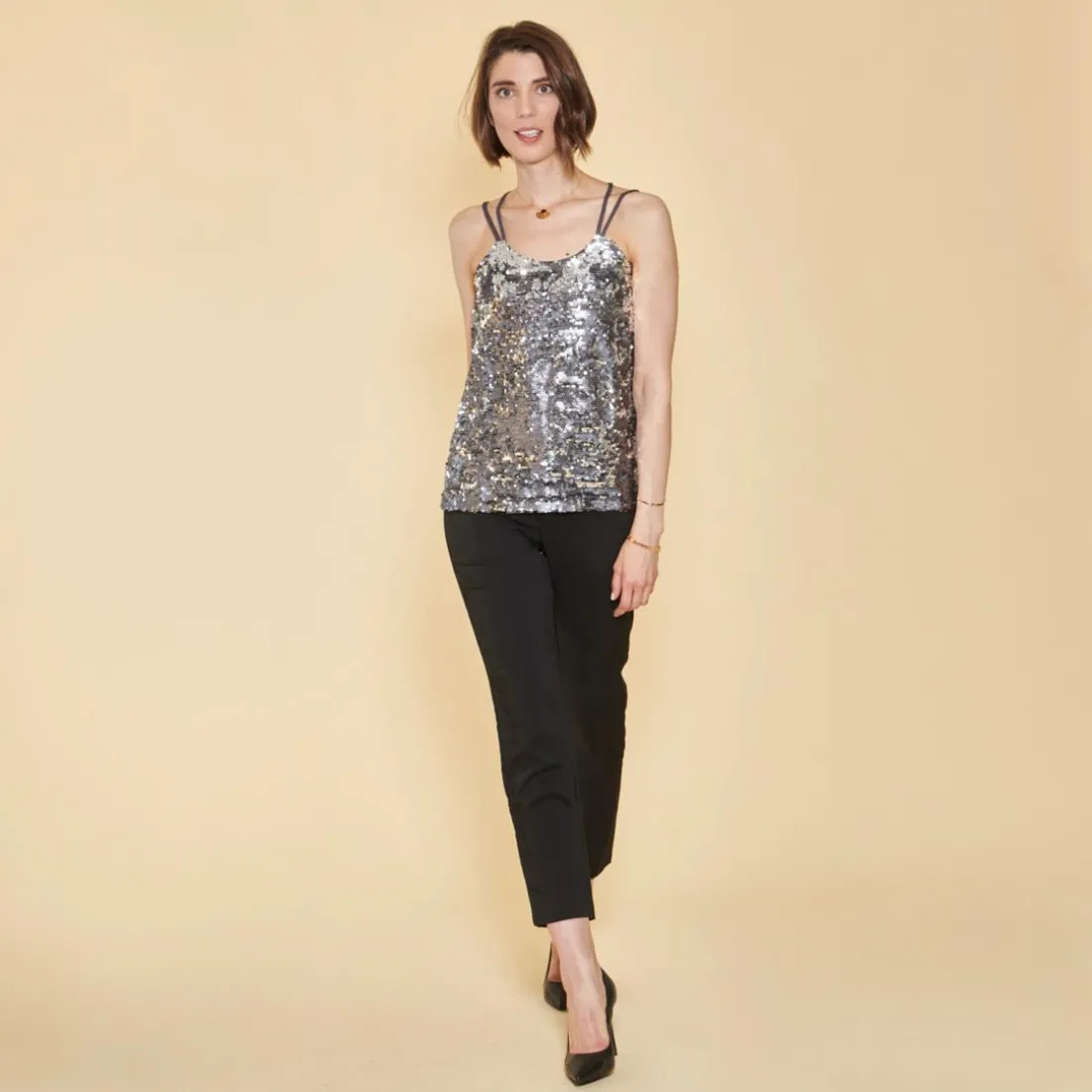 Top doubles bretelles croisées dos et sequins devant femme - gris foncé