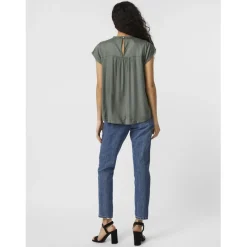 Top fermeture par bouton col carré sans manches vert en viscose Tia