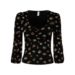 Top Imprimé all over Col carré Manches 3/4 noir en viscose