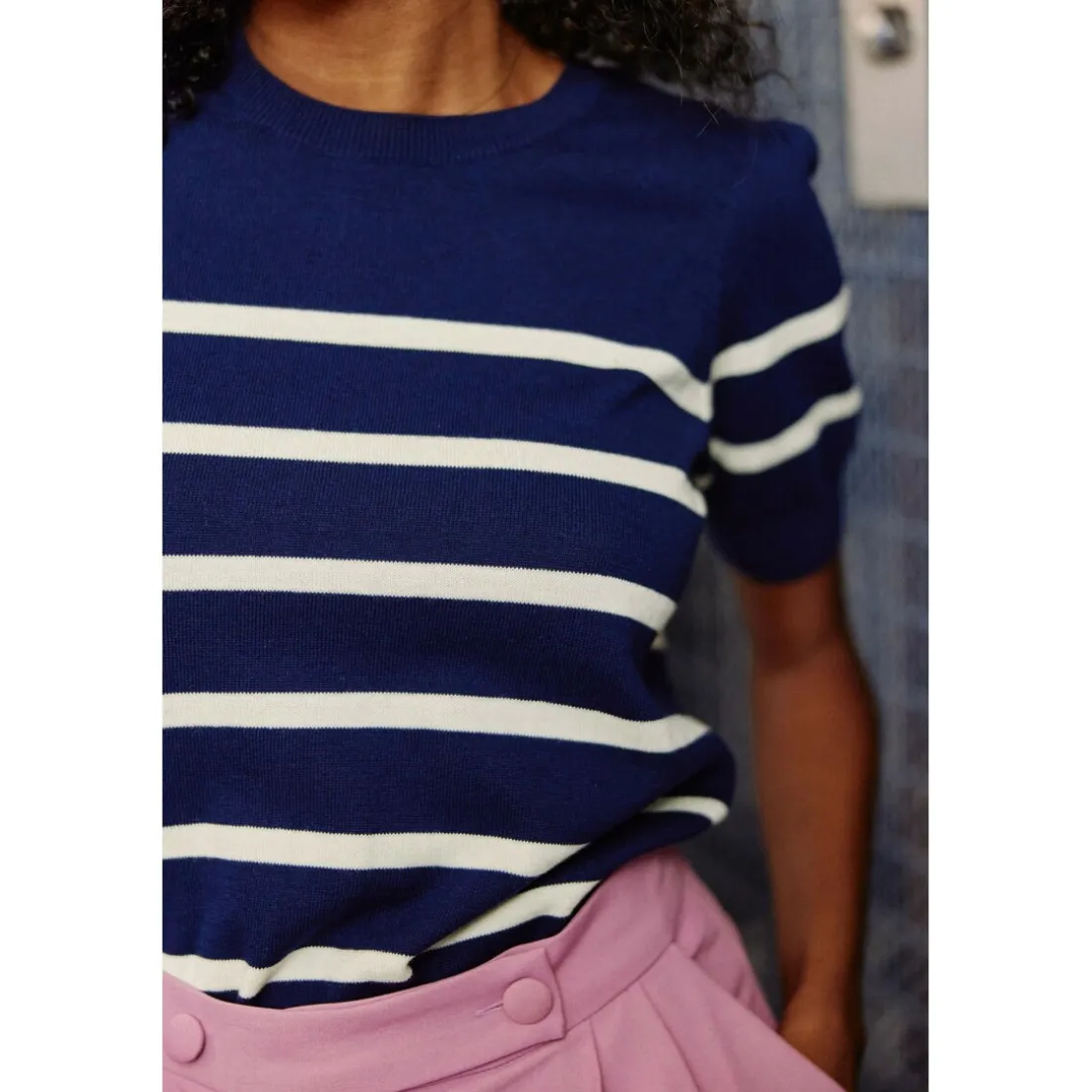 Top Maille MURLO marine/ecru en coton