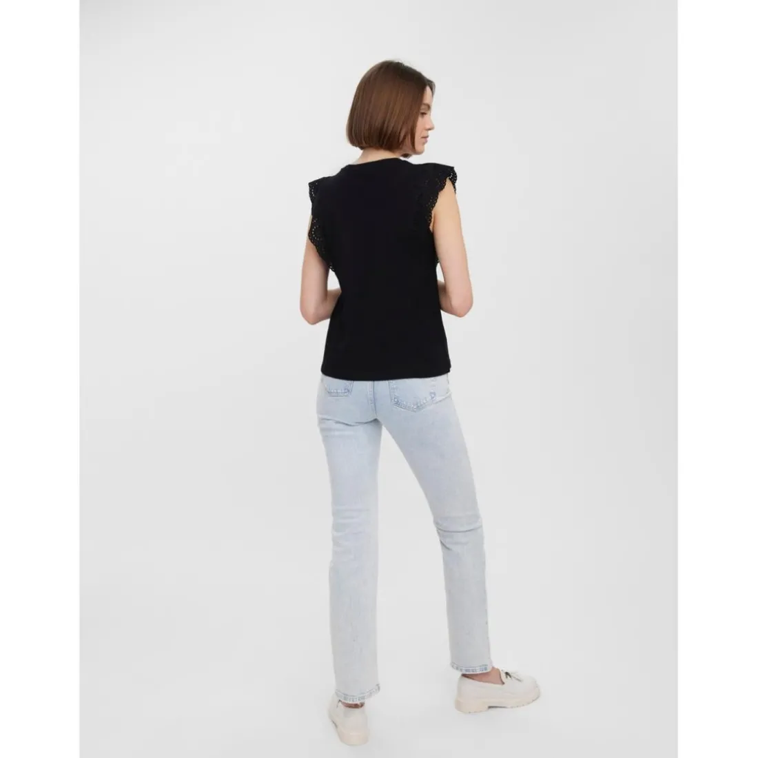 Top manches courtes avec volants - Noir en coton
