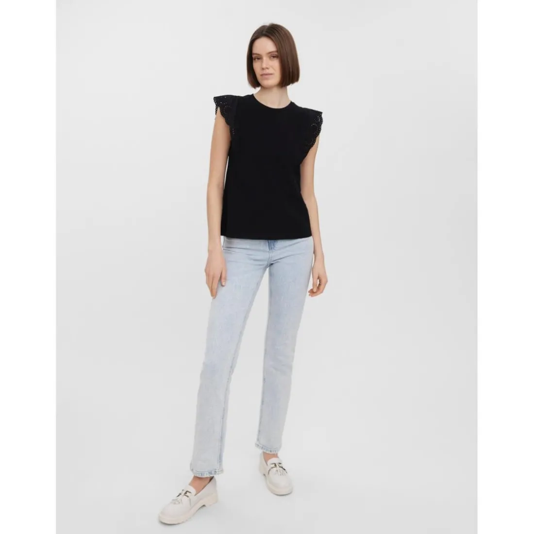 Top manches courtes avec volants - Noir en coton